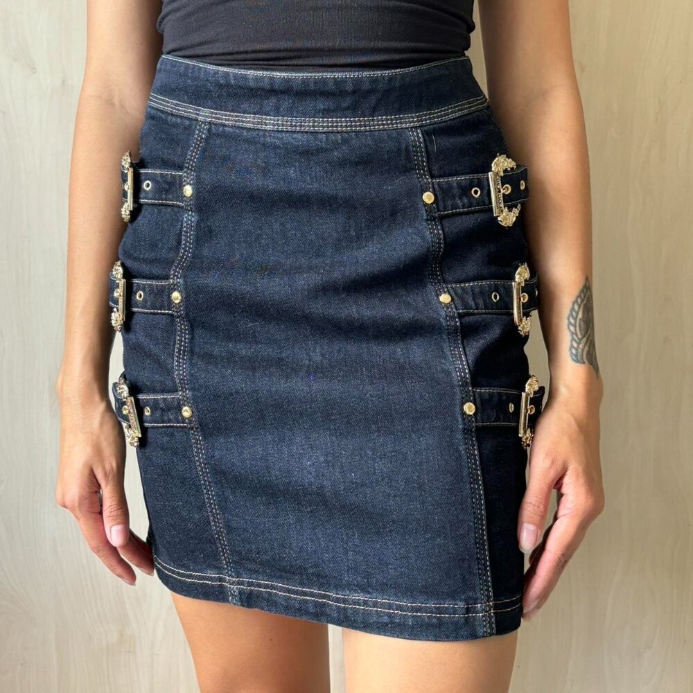 Versace Jeans Collection Dark Denim Skirt with Gold Buckles